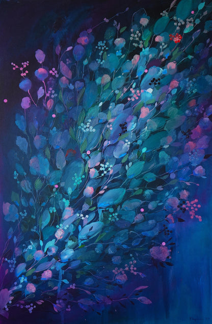 Oil painting Swan Victoria Kagalovska with teal blue purple pink leaves blossoms