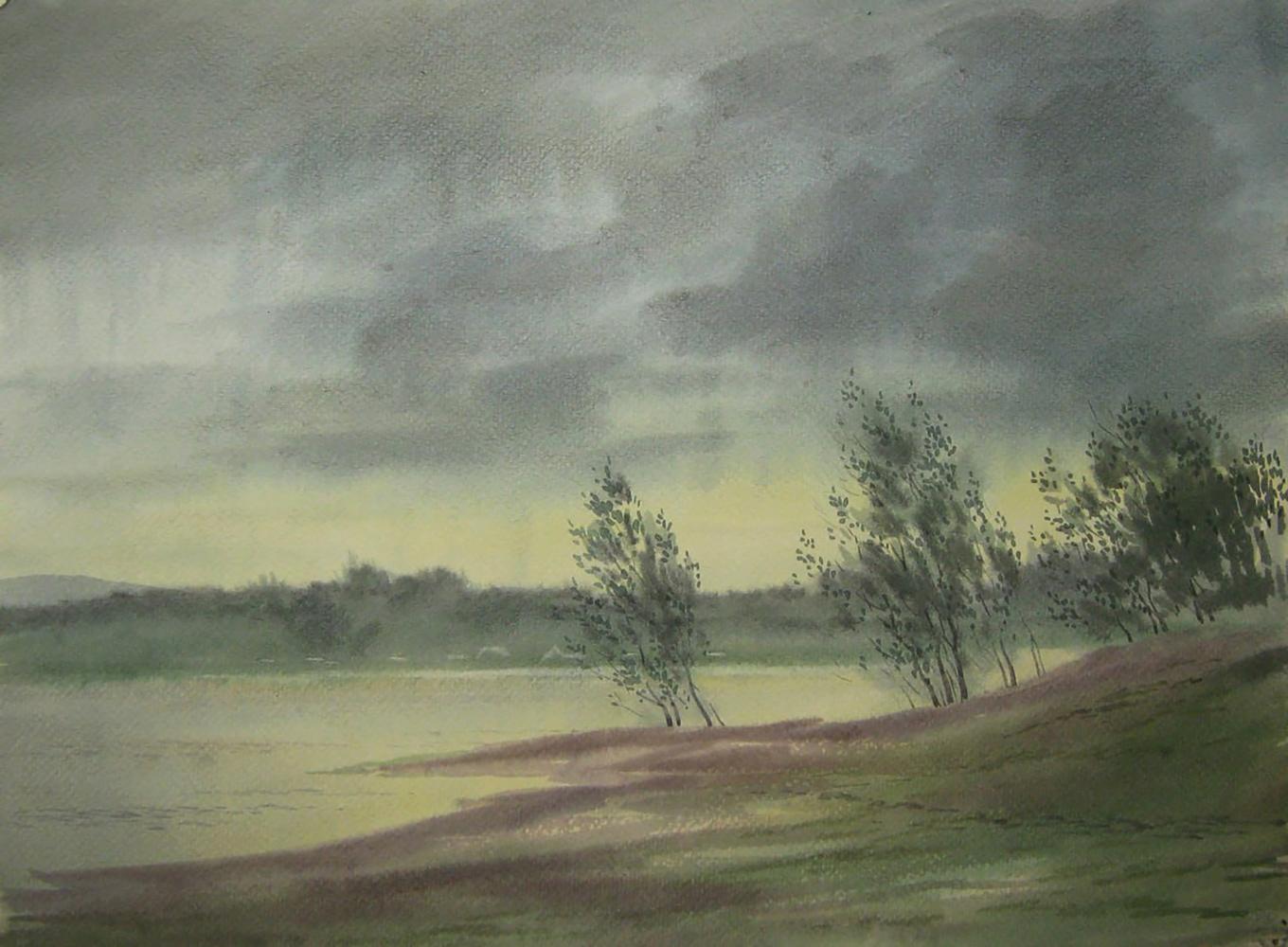 Watercolor painting Strong wind on the river by Valery Savenets serene landscape