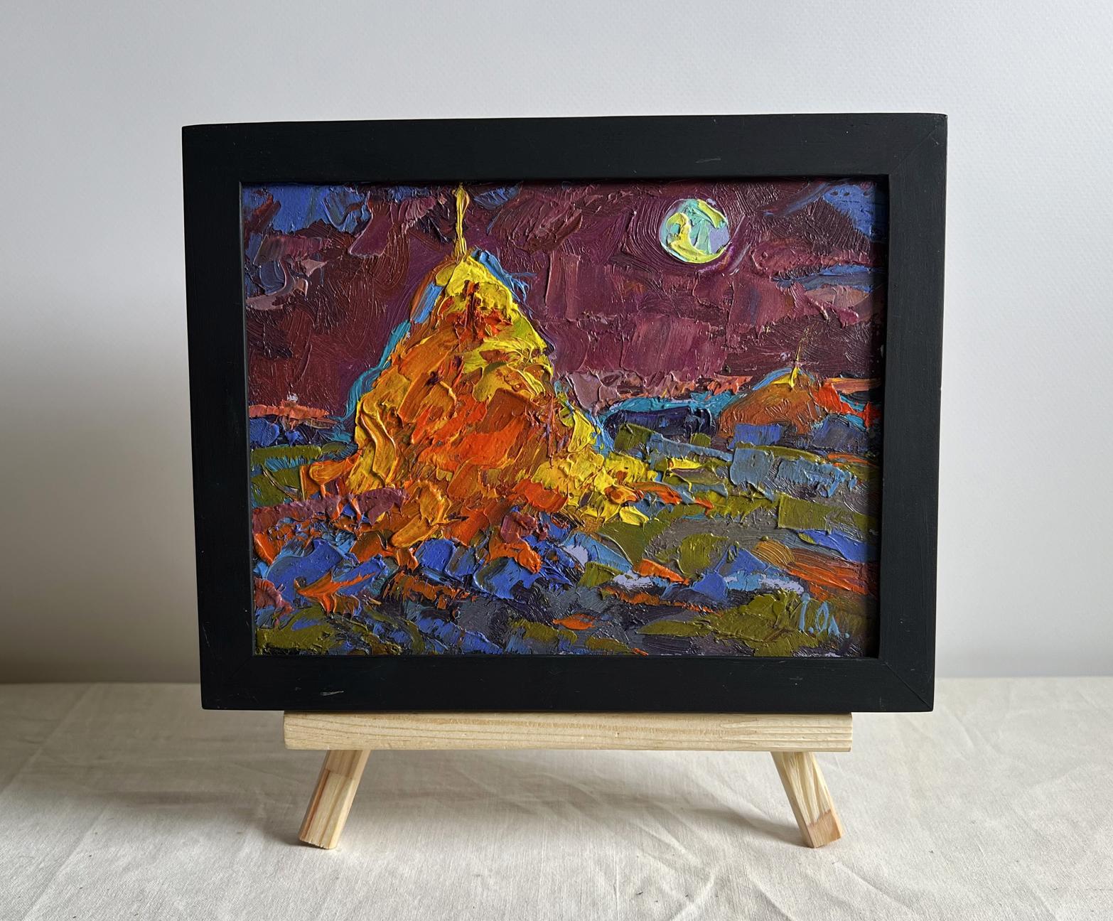 Oil painting Moonlit night in the field by Oleksiy Ivanyuk, golden mountain under purple sky