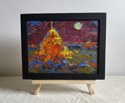 Oil painting Moonlit night in the field by Oleksiy Ivanyuk, golden mountain under purple sky