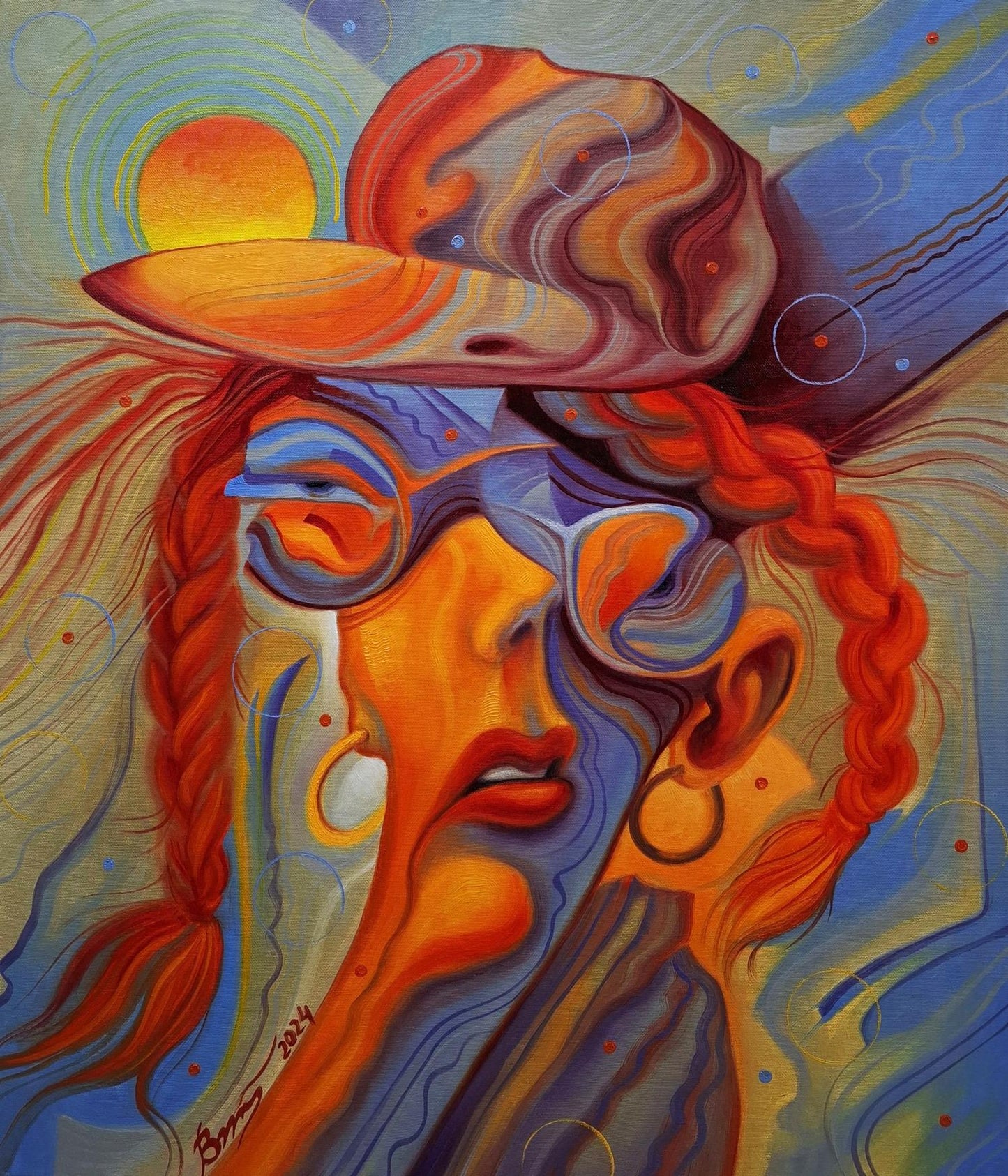 Vibrant oil painting At noon in summer by Sergiy Voichenko: abstract woman in swirl hat