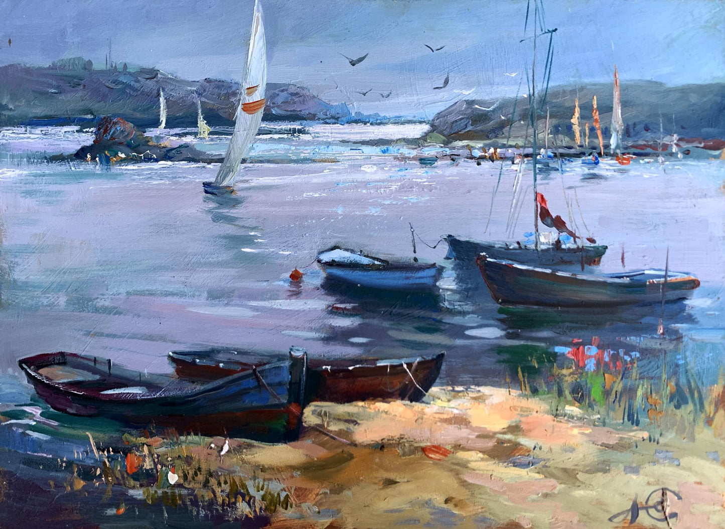 Serene oil painting of sailboats by Yuriy Suprunchuk, Sailing club