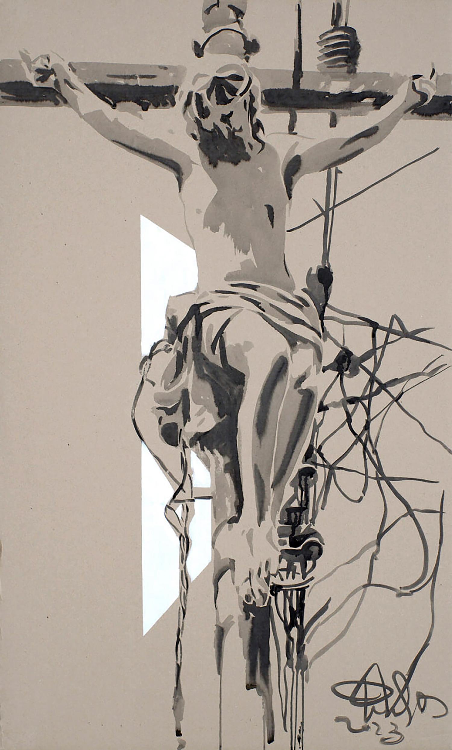 Monochromatic abstract crucified figure acrylic painting by Dima Filatov