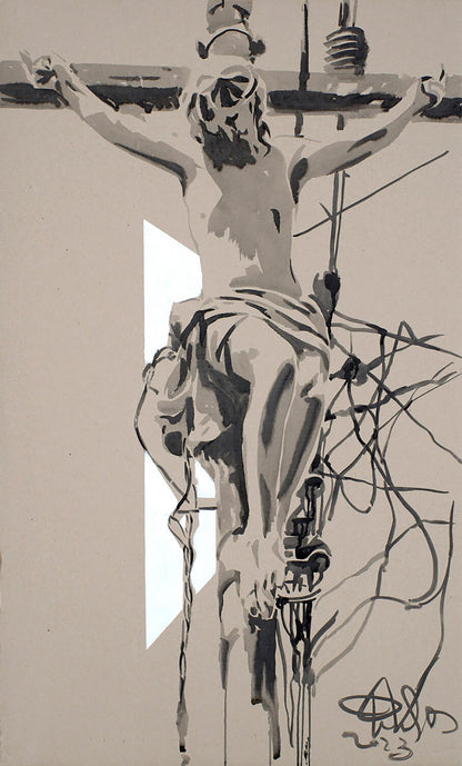 Monochromatic abstract crucified figure acrylic painting by Dima Filatov