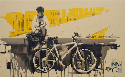 Black and white graffiti bicycle on yellow abstract watercolor background by Dima Filatov