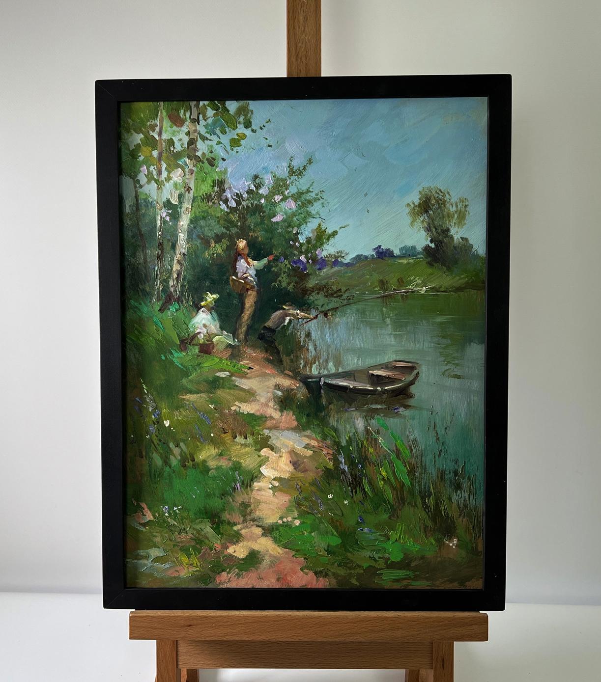 Framed oil painting of fishermen on lakeside shore by Yuriy Suprunchuk