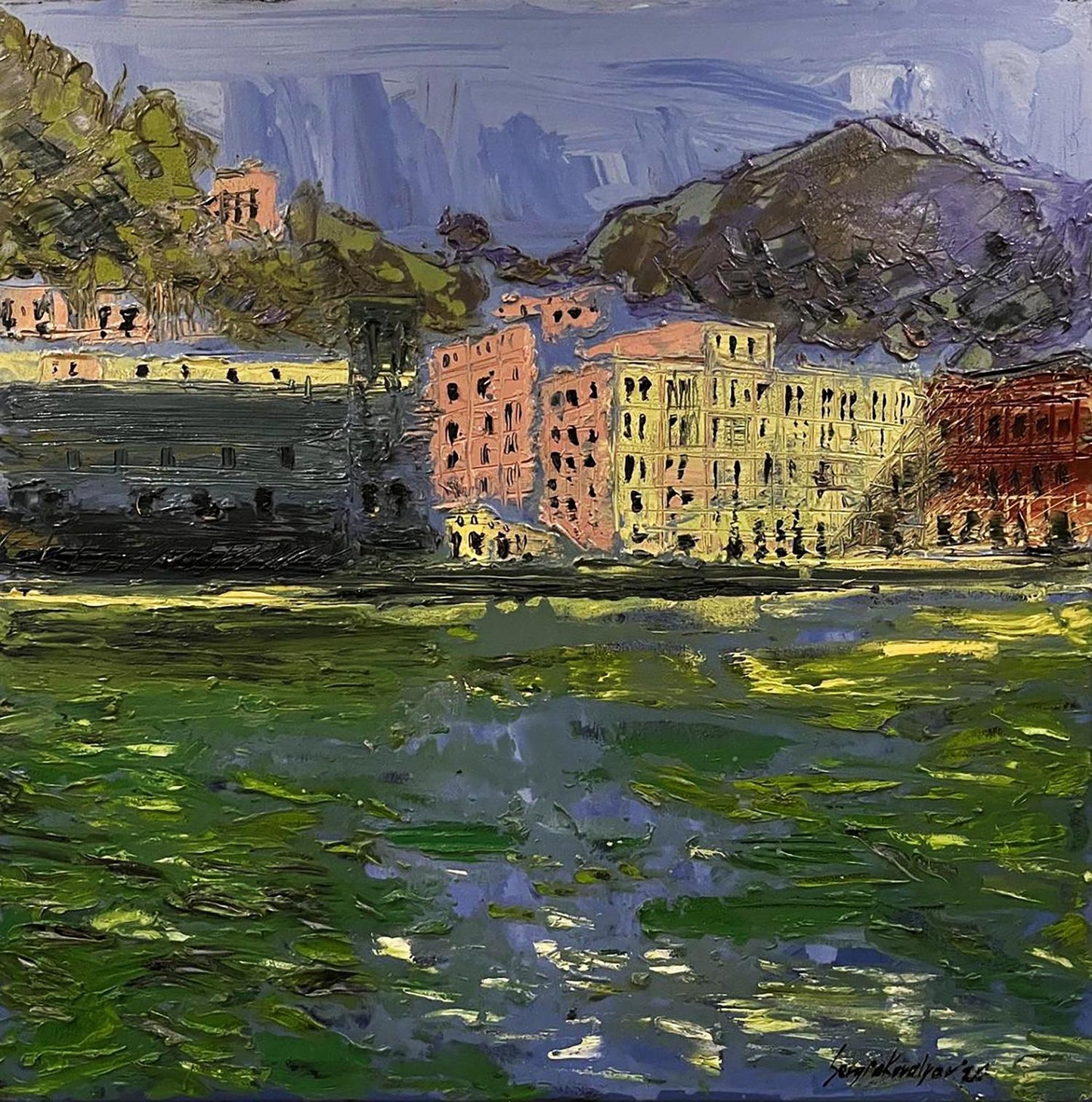 Vibrant oil painting Sobre Natureza Serhiy Kovalev of coastal town on hills