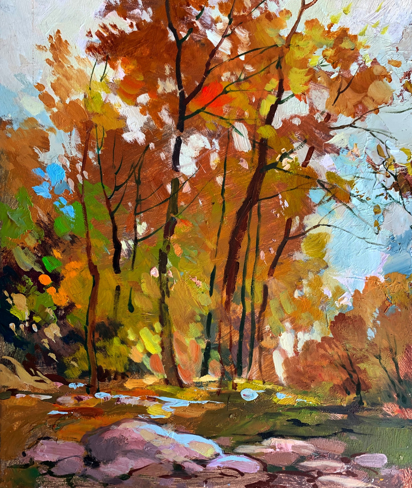Vibrant autumn forest oil painting Fallen leaves by Yuriy Suprunchuk