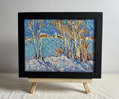 Oil painting Winter day by Oksana Ivanyuk textured winter landscape in black frame