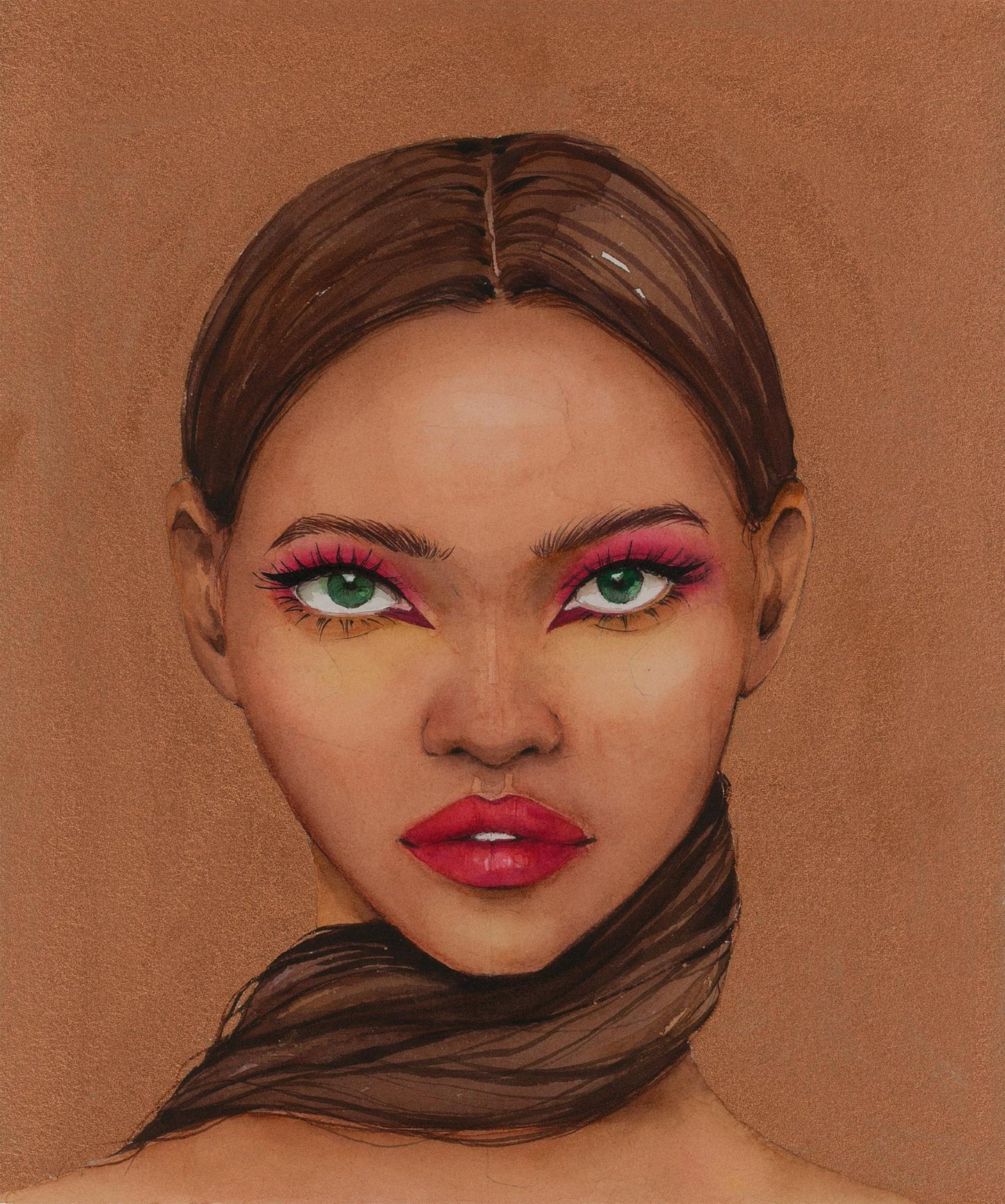 Watercolor portrait Lady in Gold by Victoria Kagalovska, green eyes, pink shadow
