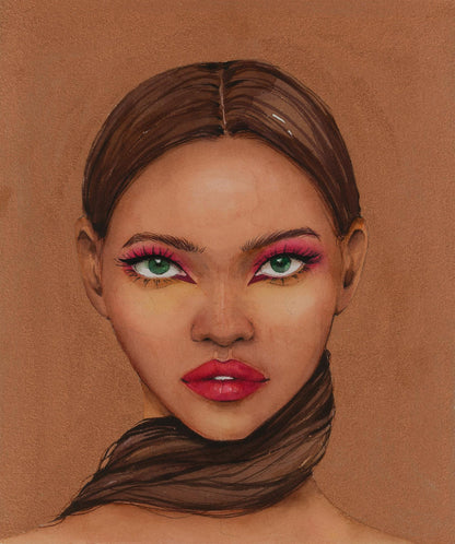 Watercolor portrait Lady in Gold by Victoria Kagalovska, green eyes, pink shadow