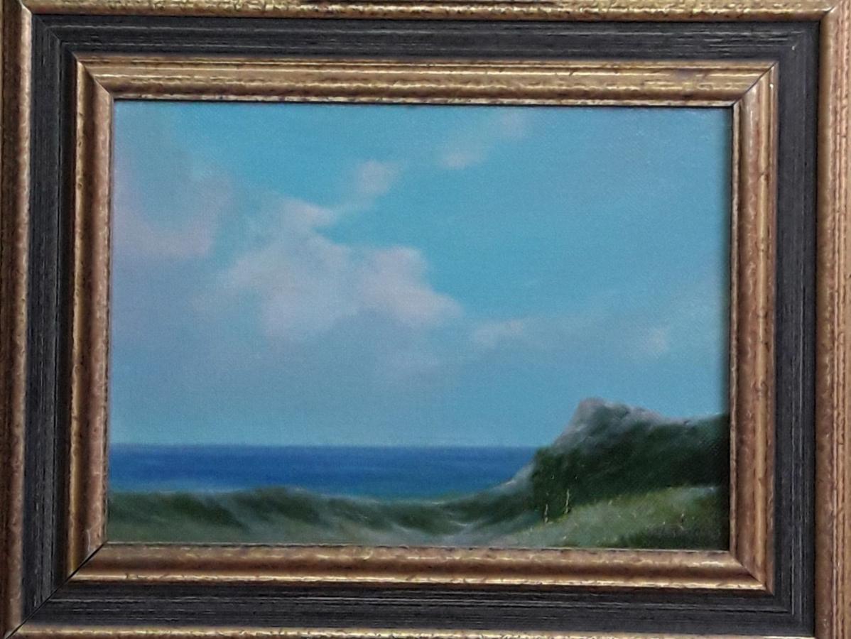 Oil painting Near the summer sea by Vasily Korkishko, serene coastal dunes and ocean