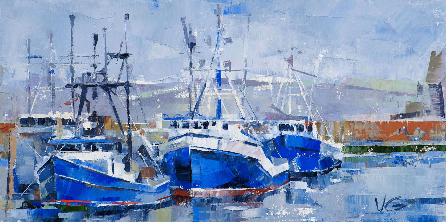 Oil painting Seagulls Volodymyr Gluhomanyuk blue boats impressionist style