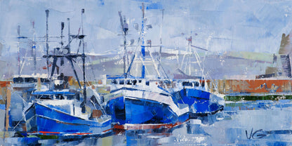 Oil painting Seagulls Volodymyr Gluhomanyuk blue boats impressionist style
