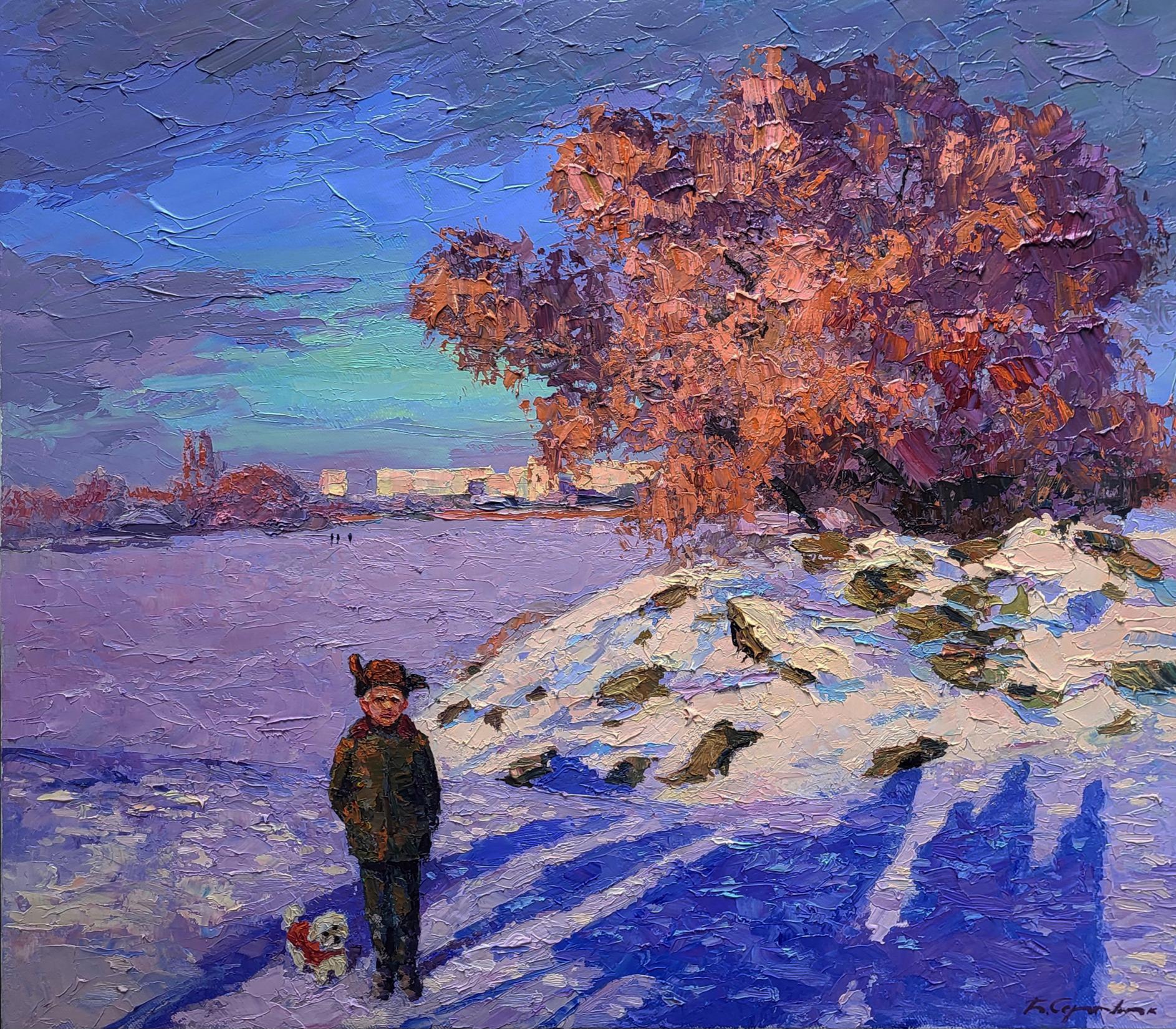 Oil painting Ice on the River by Boris Serdyuk: child, dog on snowy path