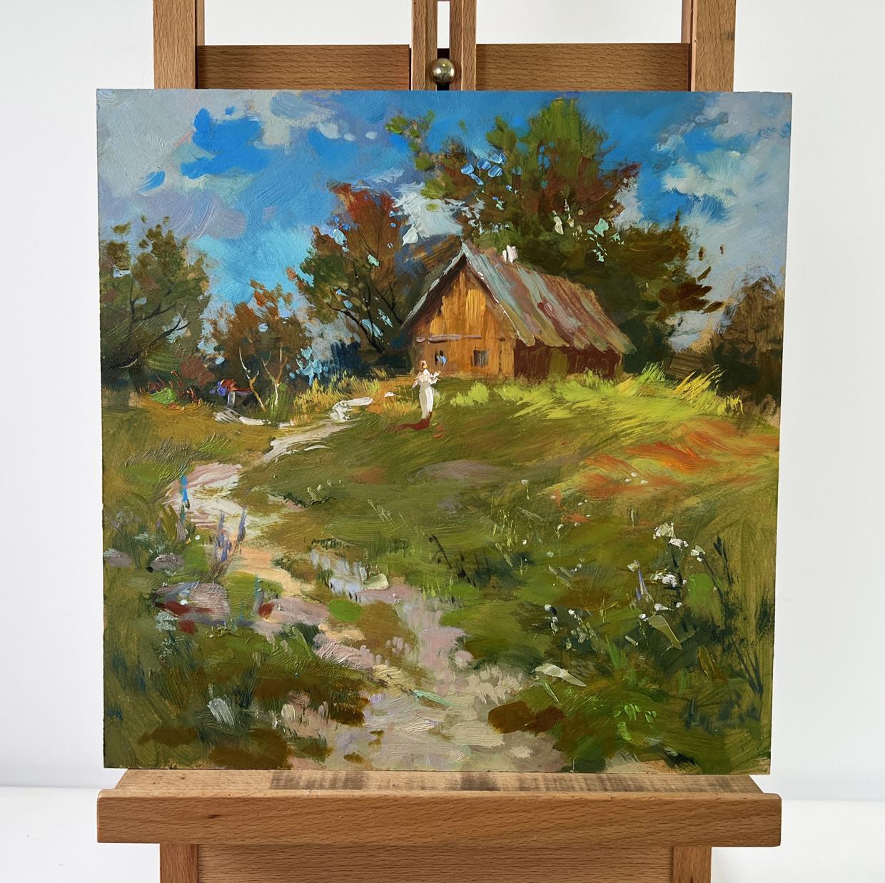 Vibrant impressionist oil painting of house on hill by Yuriy Suprunchuk
