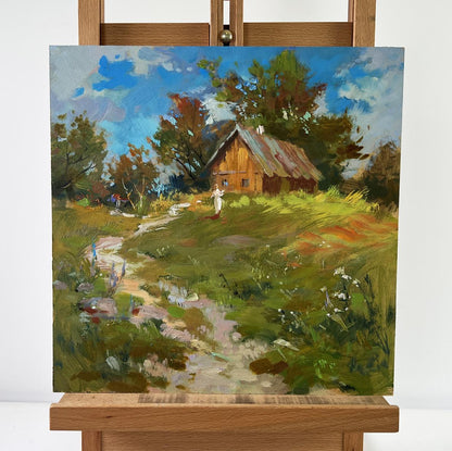 Vibrant impressionist oil painting of house on hill by Yuriy Suprunchuk