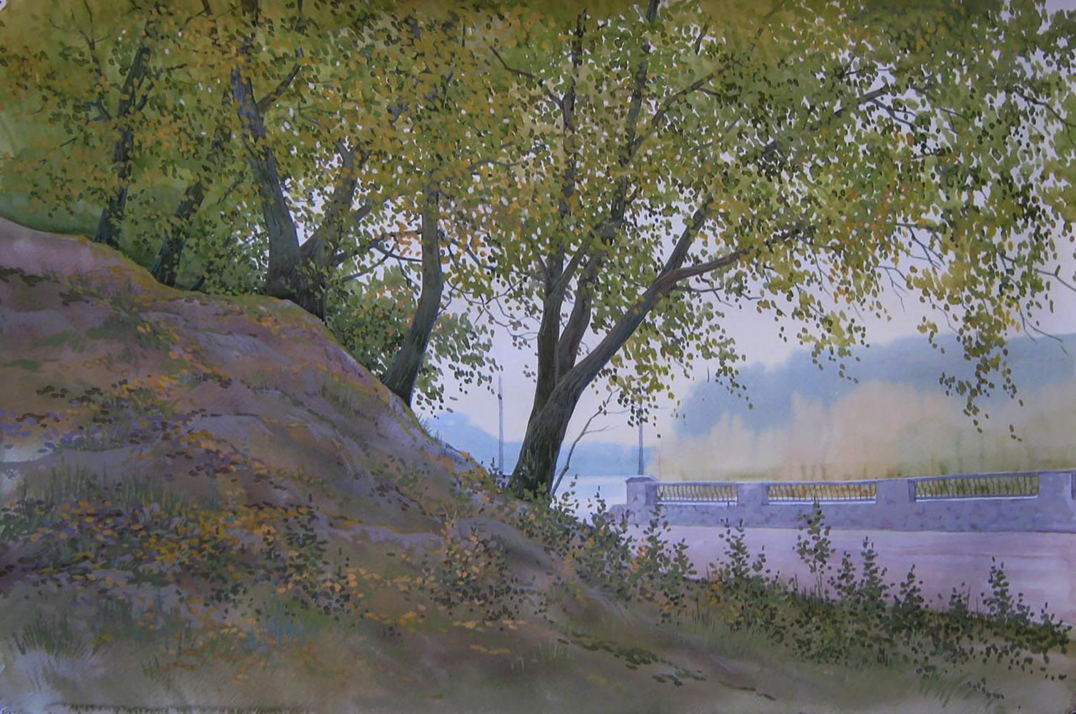 Watercolor painting Autumn morning by Valery Savenets: tree on rocky hillside