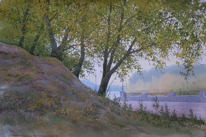Watercolor painting Autumn morning by Valery Savenets: tree on rocky hillside