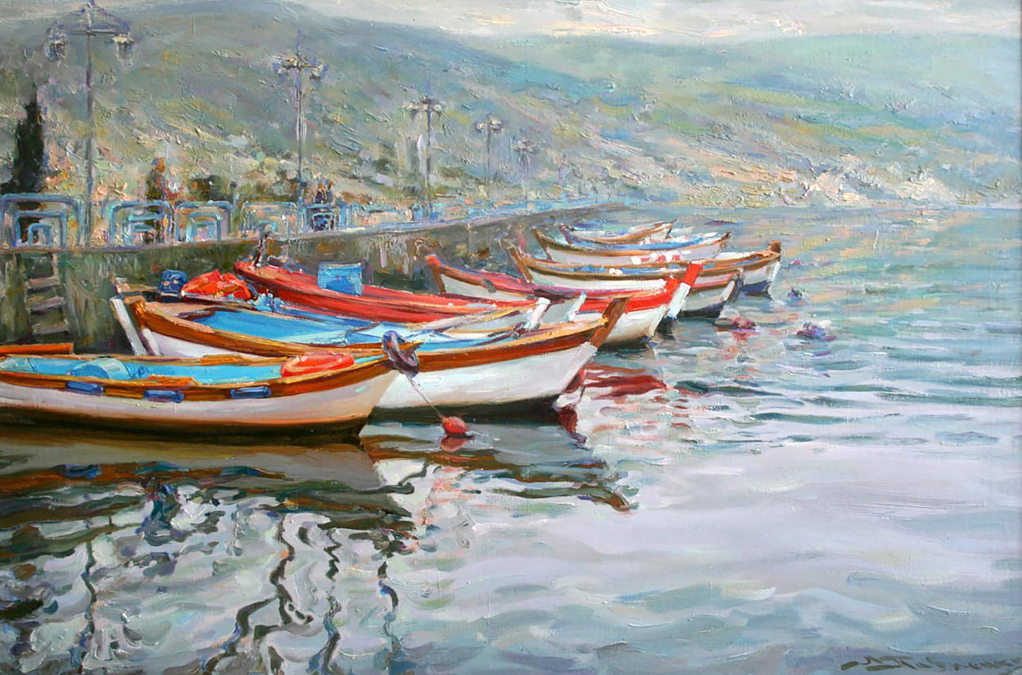 Oil painting by Leonid Pavlenko: colorful boats docked on pier