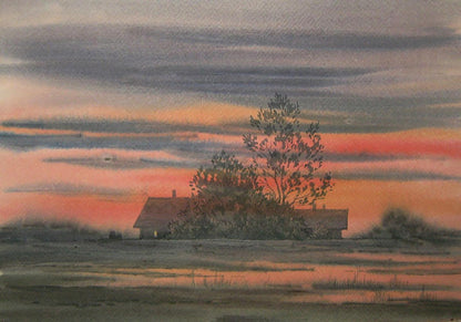 Watercolor painting of rustic house in autumn evening by Valery Savenets