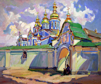 Vibrant oil painting Near the gates of the cathedral by Leonid Pavlenko