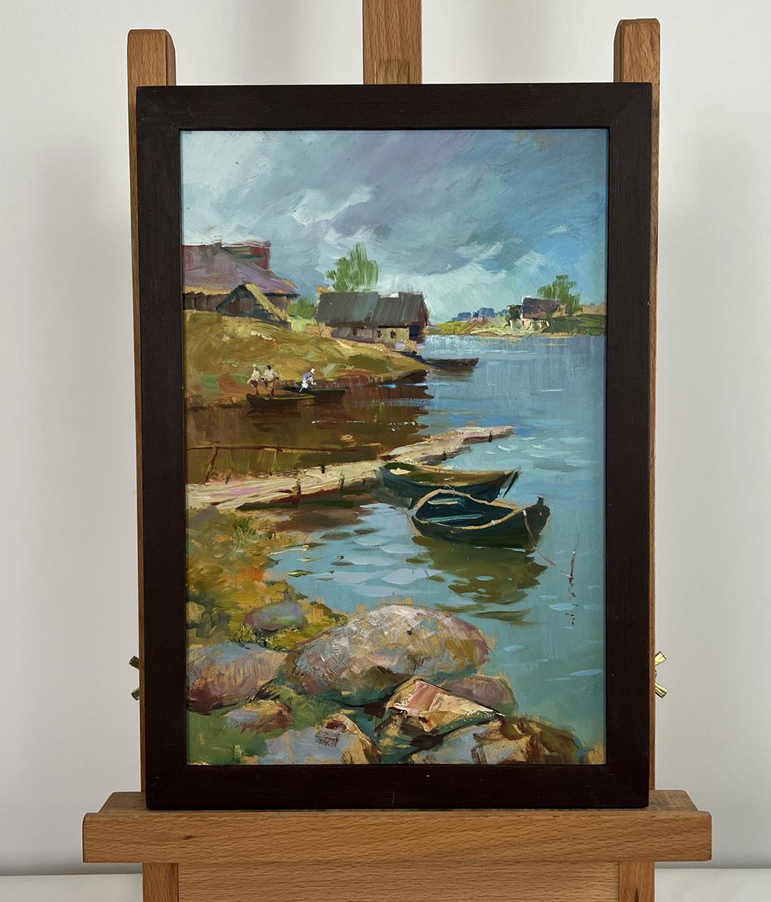 Oil painting Quiet Village Harbour by Yuriy Suprunchuk serene riverside scene