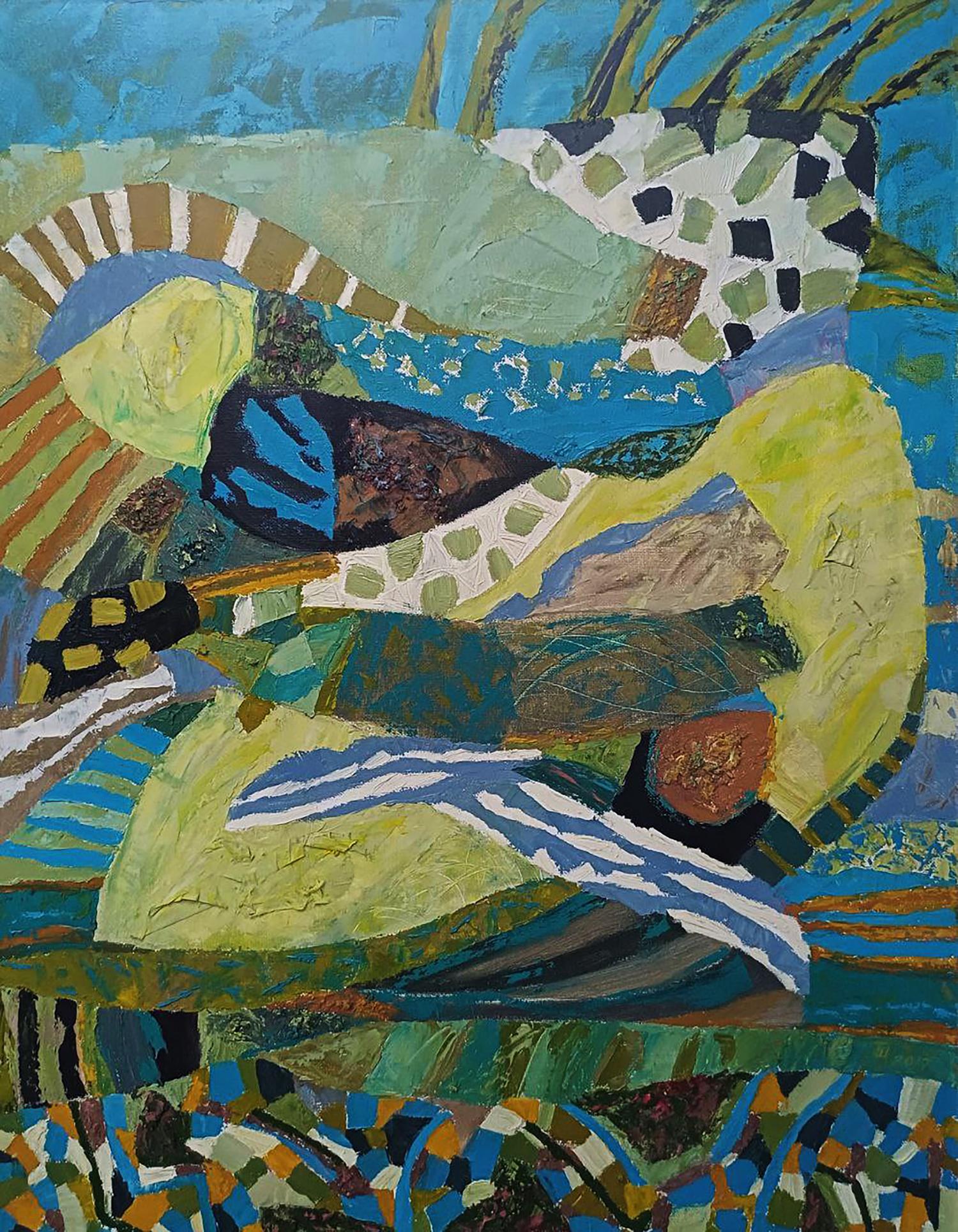 Oil painting Dark day by Tatyana Shulyak with bold textured brushstrokes in vibrant blues greens yellows and earth tones