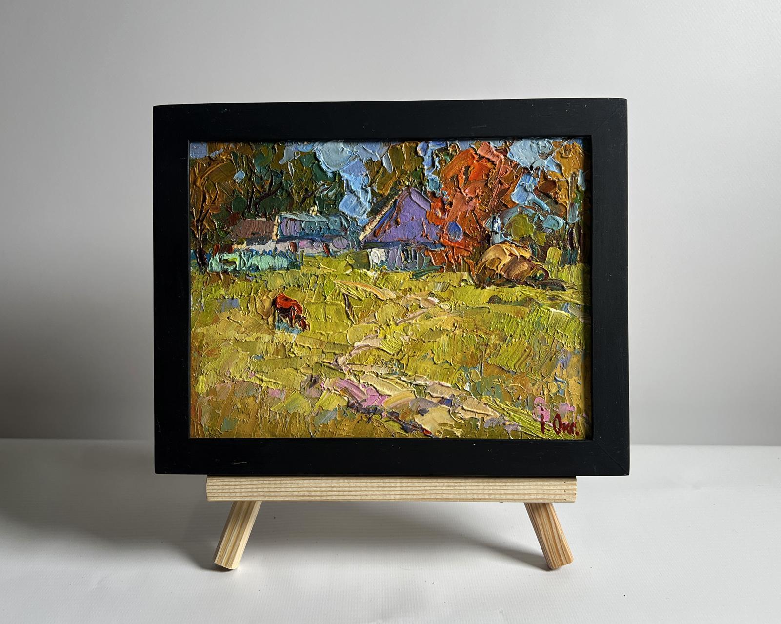 Oil painting Autumn has come to the village by Oksana Ivanyuk in black frame