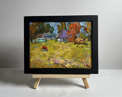 Oil painting Autumn has come to the village by Oksana Ivanyuk in black frame