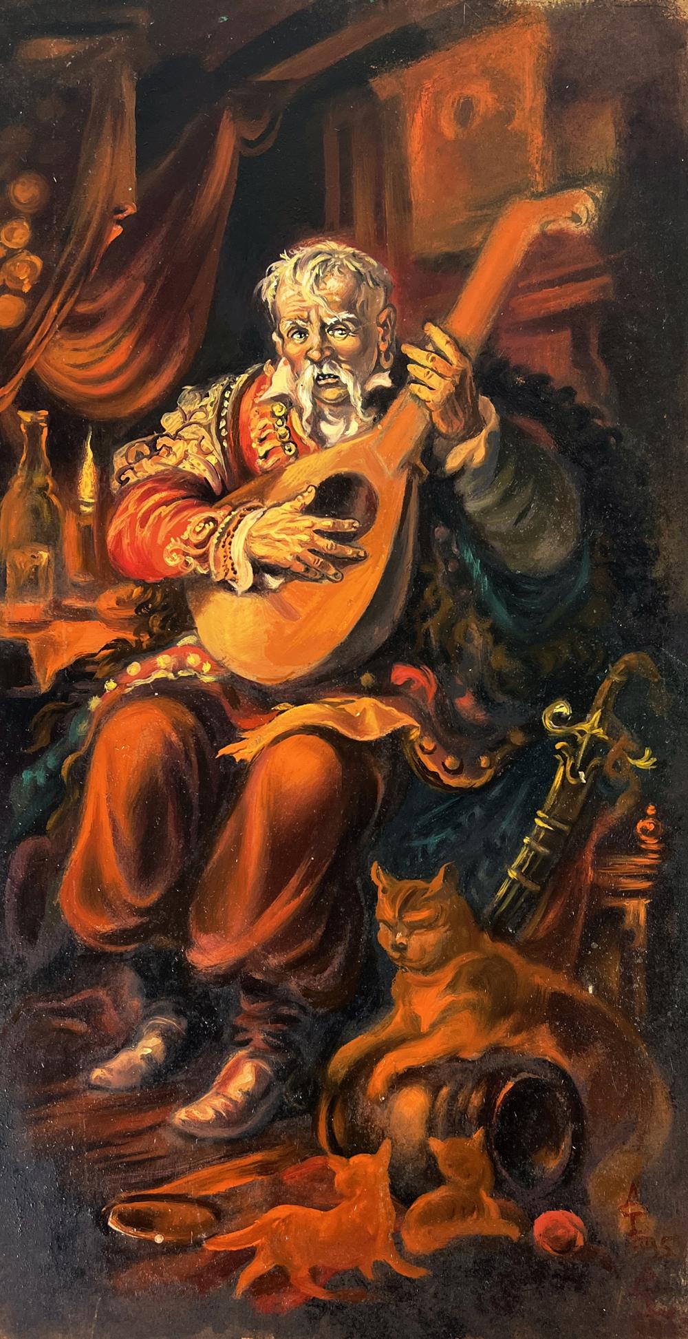 Oil painting of elderly man playing ornate bandura by Alexander Litvinov