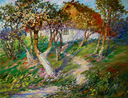 Vibrant impressionist oil painting of blooming garden by Yuriy Suprunchuk