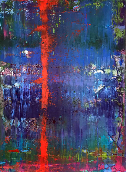 My red line abstract painting with bold red vertical streaks on textured blue, purple, green background