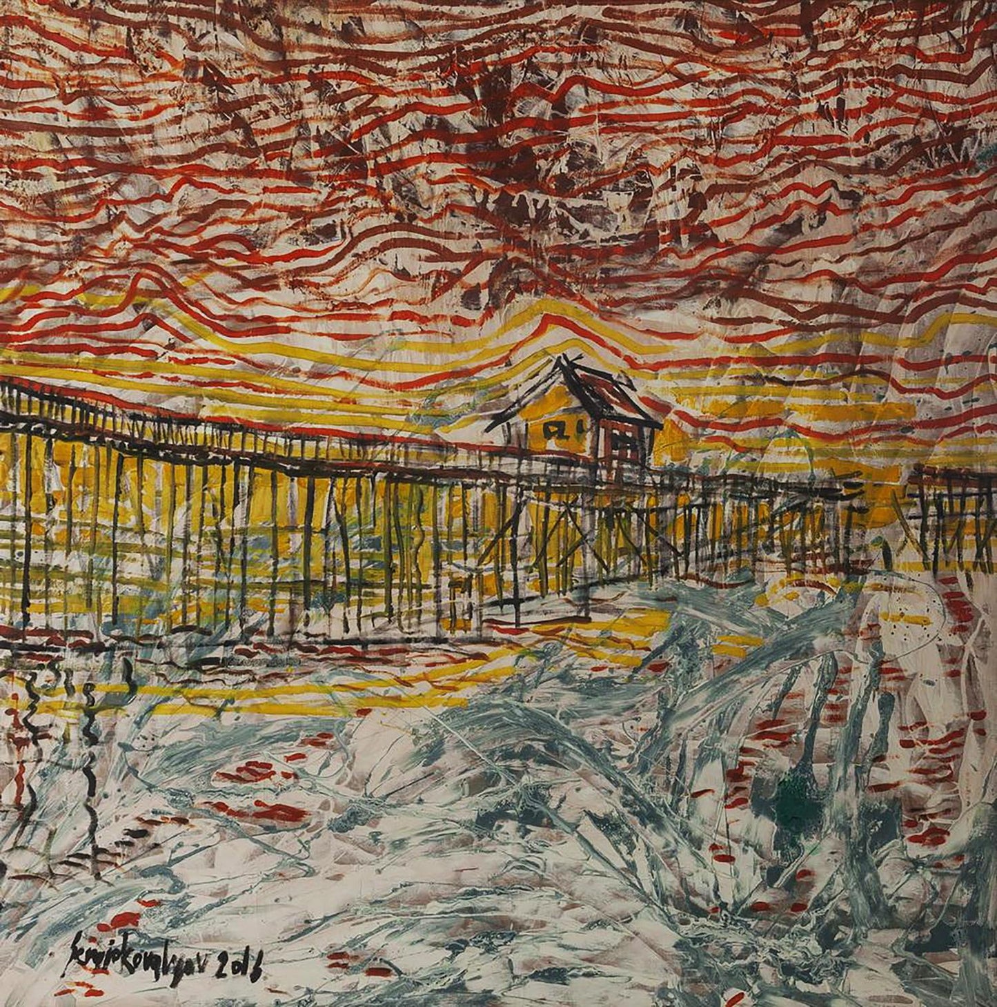 Vibrant Nascer do Sol oil painting by Serhiy Kovalev: house on stilts, red-yellow-white sky