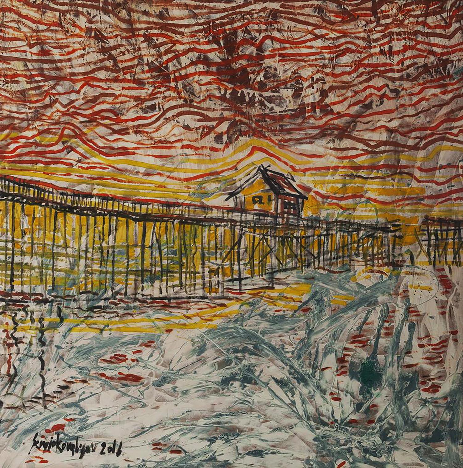 Vibrant Nascer do Sol oil painting by Serhiy Kovalev: house on stilts, red-yellow-white sky