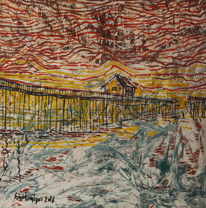 Vibrant Nascer do Sol oil painting by Serhiy Kovalev: house on stilts, red-yellow-white sky