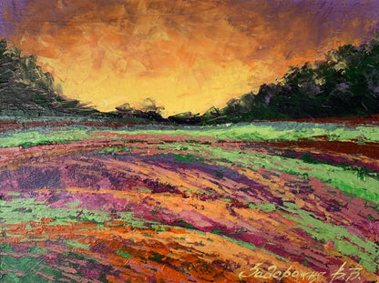 Vibrant oil painting Sunset behind the forest by V. Zadorozhnya