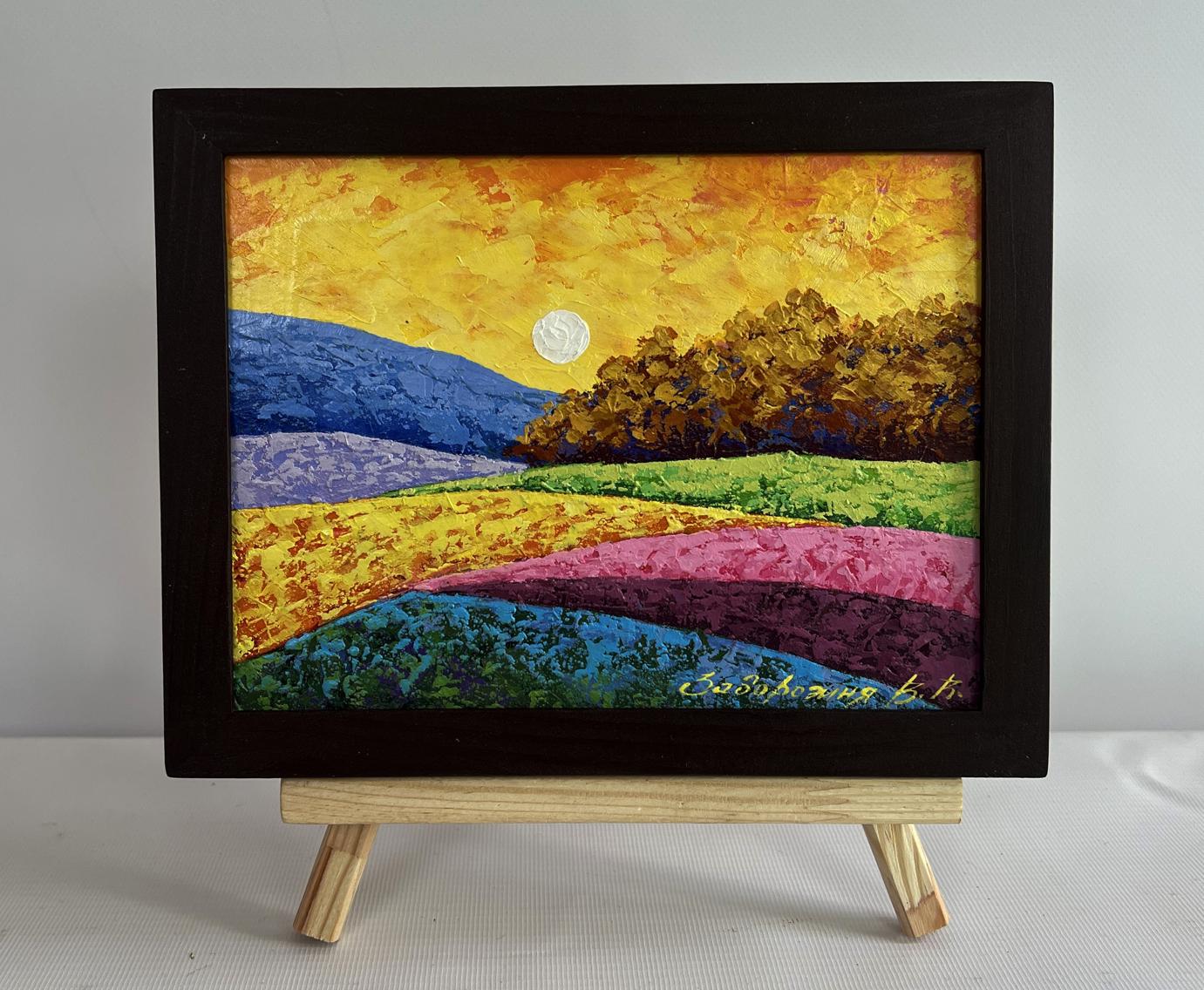 Oil painting Autumn evening in the field by V. Zadorozhnya, vibrant hills under golden sky