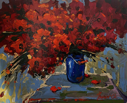 Oil painting Poppies are red by Oksana Ivanyuk with vibrant blue vase