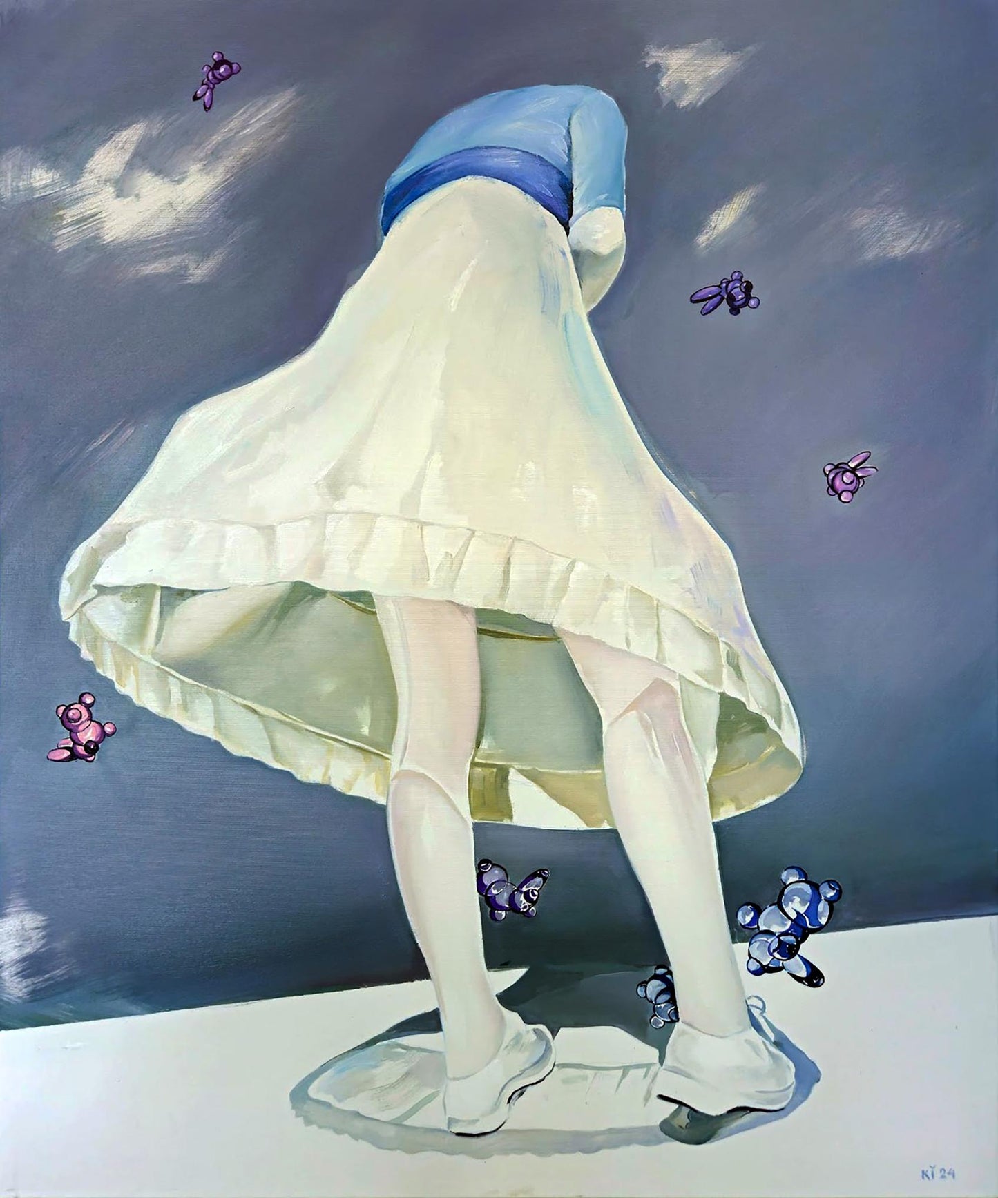 Oil painting like Igor Konovalov: off-white ruffled skirt with blue waistband