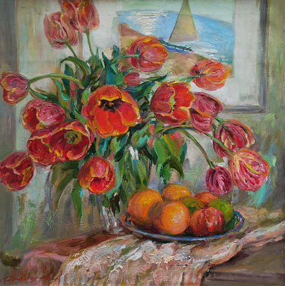 Oil painting of vibrant red orange tulips by Leonid Pavlenko