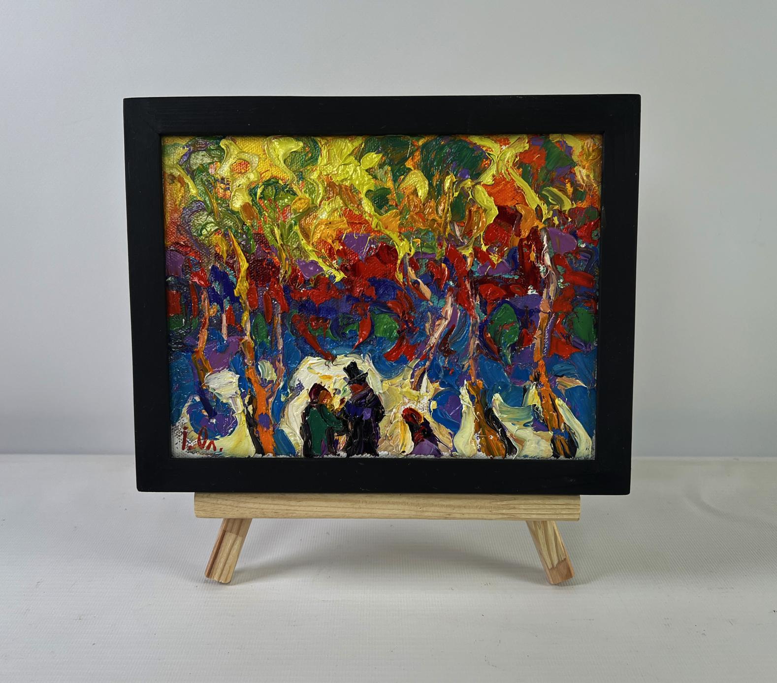 Oil painting Trees burn with evening light by Oleksiy Ivanyuk in black frame