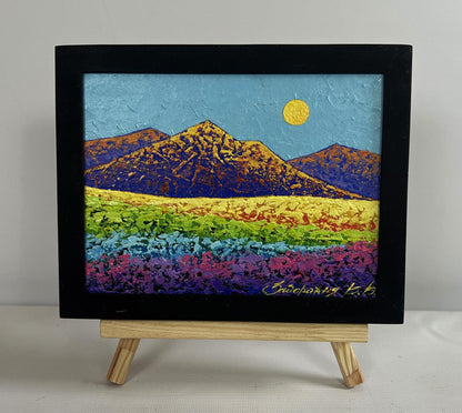 Oil painting Mighty Mountains in the Fields by V. Zadorozhnya in black frame