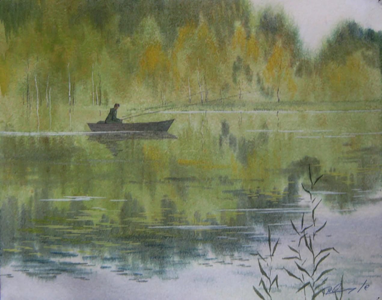 Watercolor painting of man fishing from boat by Valery Savenets