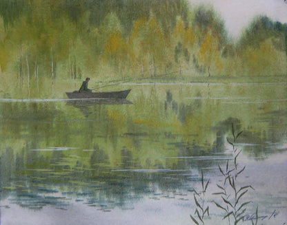 Watercolor painting of man fishing from boat by Valery Savenets