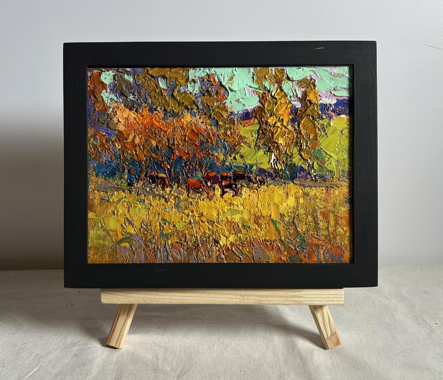 Oil painting The queue for the pasture by Oksana Ivanyuk, autumn trees and cattle