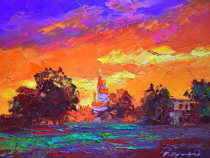 Vibrant impressionist oil painting Evening Boris Serdyuk sunset over water