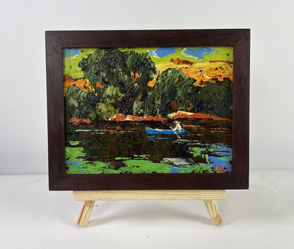 Framed Oleksiy Ivanyuk oil painting of willows over serene lake with rowboat