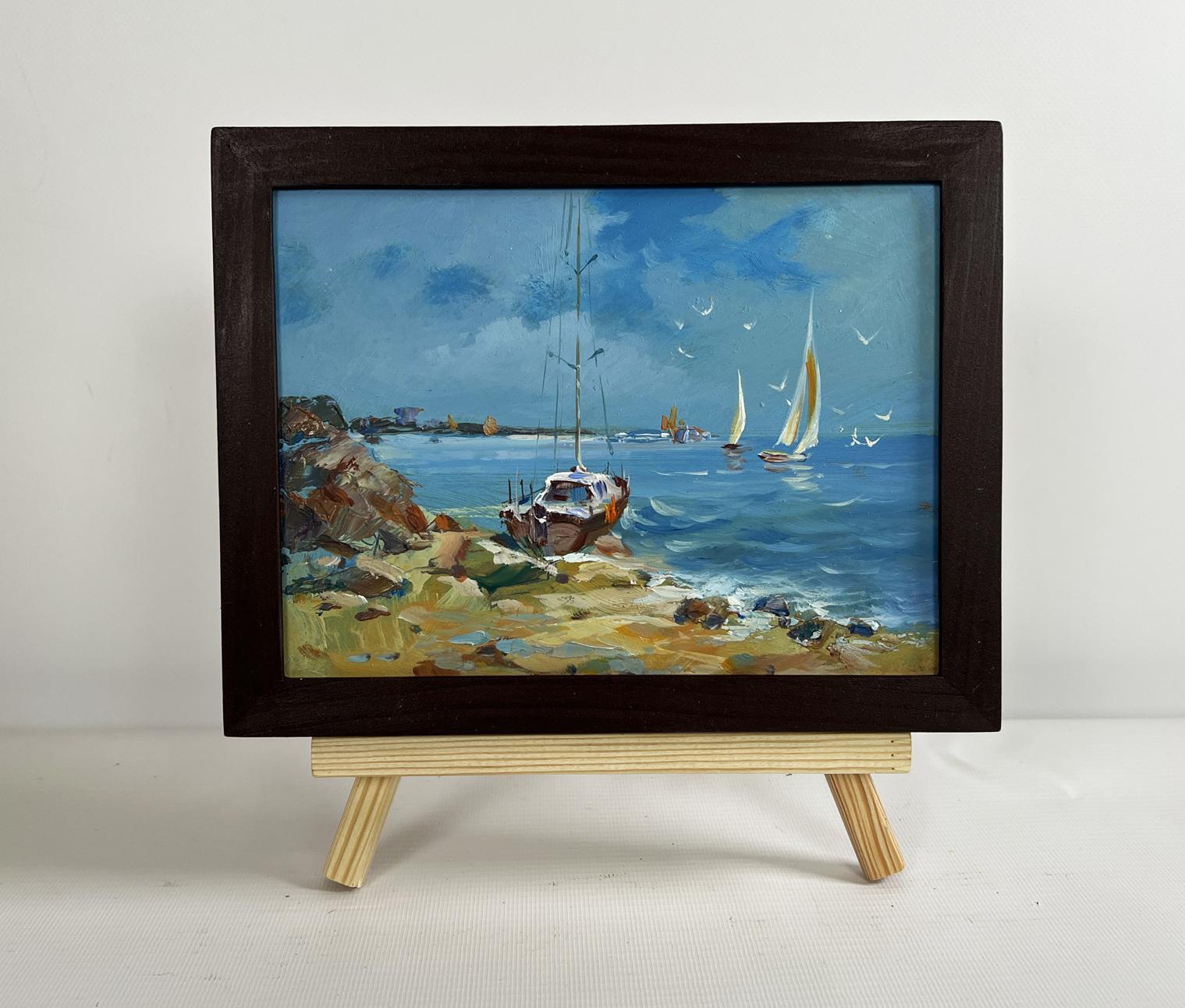 Oil painting Preparing for a sea voyage by Yuriy Suprunchuk in dark wood frame