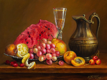 Oil painting Golden time Valeriy Bulat: watermelon and grapes on silver platter